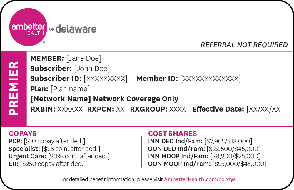 Ambetter of Delaware Premier sample member ID card