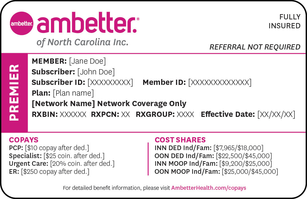 Ambetter of North Carolina Premier Sample Member ID card