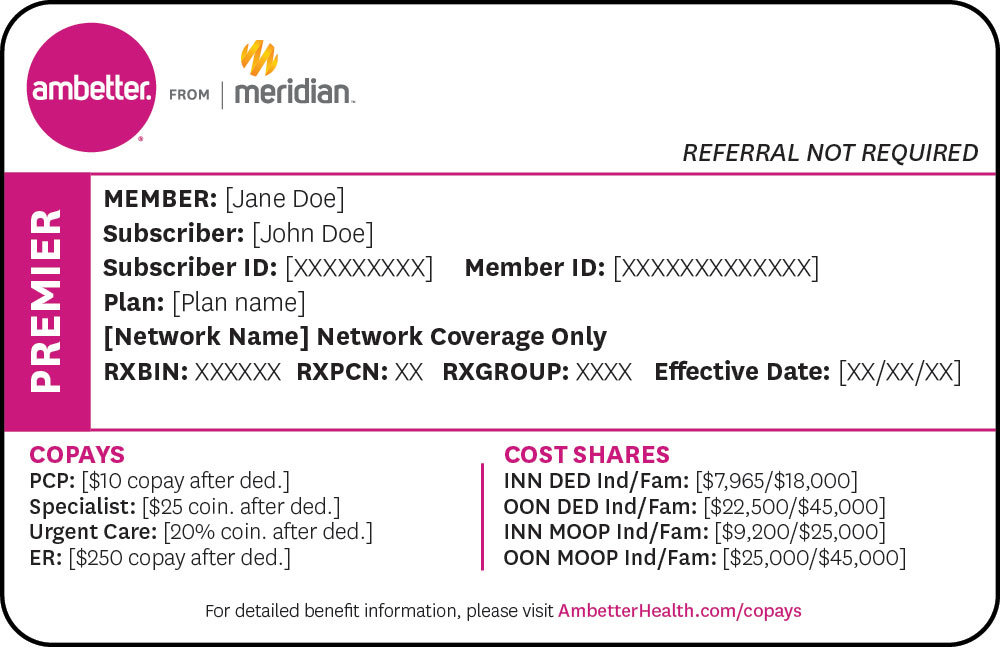 Sample Premier Member ID Card for Ambetter from Meridian (Michigan)
