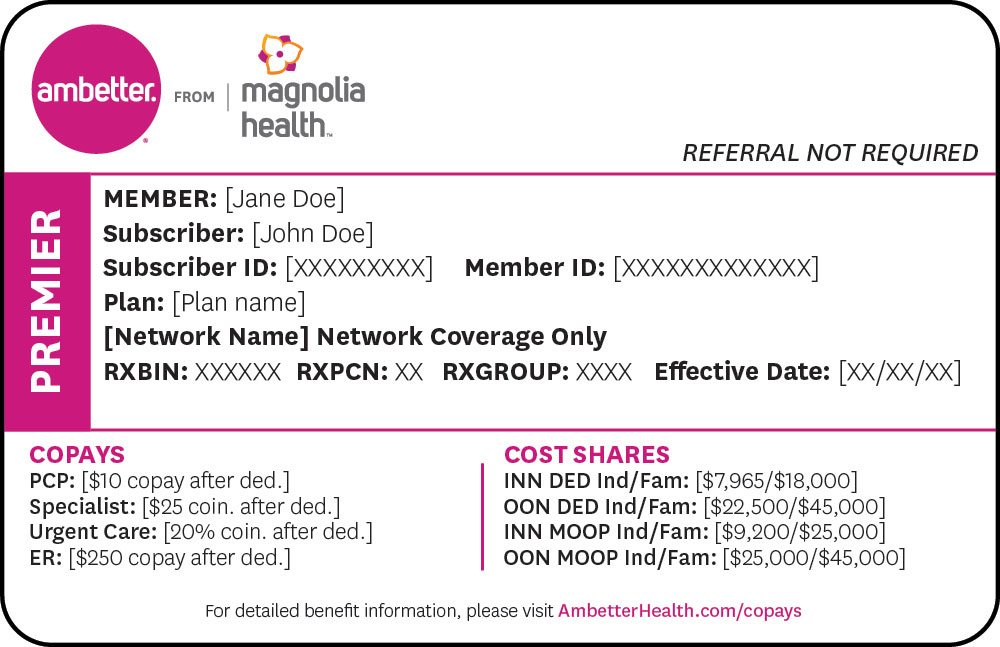 Ambetter from Magnolia Health member card Premier and sample member information